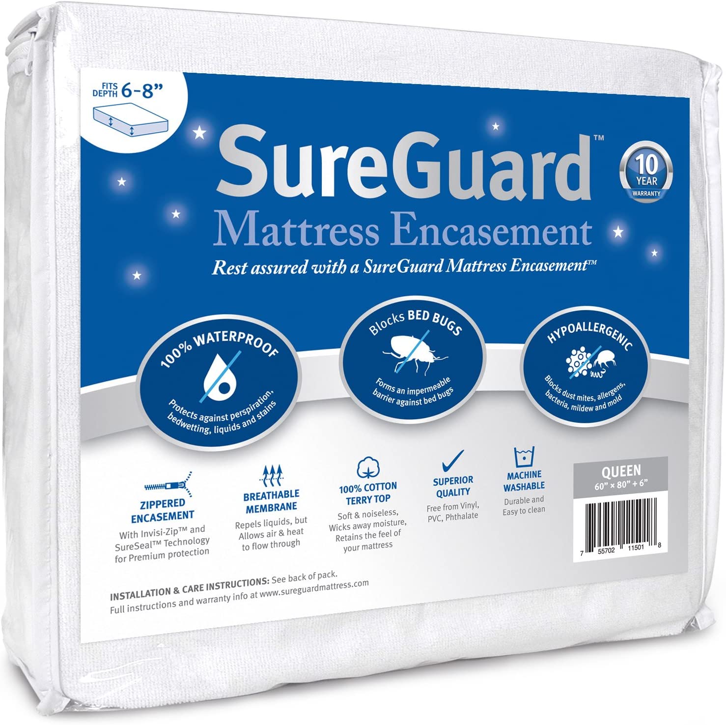 Queen (6-8 in. Deep) SureGuard Mattress Encasement - 100% Waterproof, Bed Bug Proof, Hypoallergenic - Premium Zippered Six-Sided Cover - 10 Year Warranty